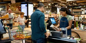 Happy African American cashier working at the supermarket registering products and talking to a customer
